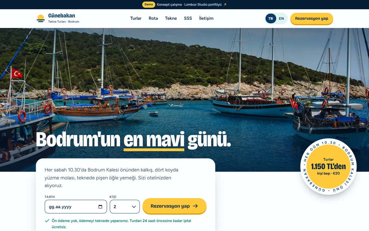 Kavram proje sitesinin ana sayfası: Günebakan, Bodrum limanından kalkan günlük tekne turu