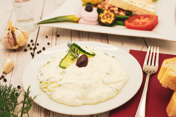 Dereotu, salatalık ve zeytinle süslenmiş yoğurtlu meze tabağı